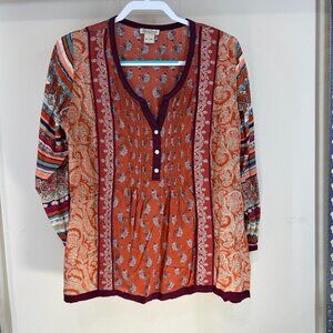 Lucky Brand Top~Boho Tunic~Viscose Embroidered Orange Floral Sz L Smocked Earthy